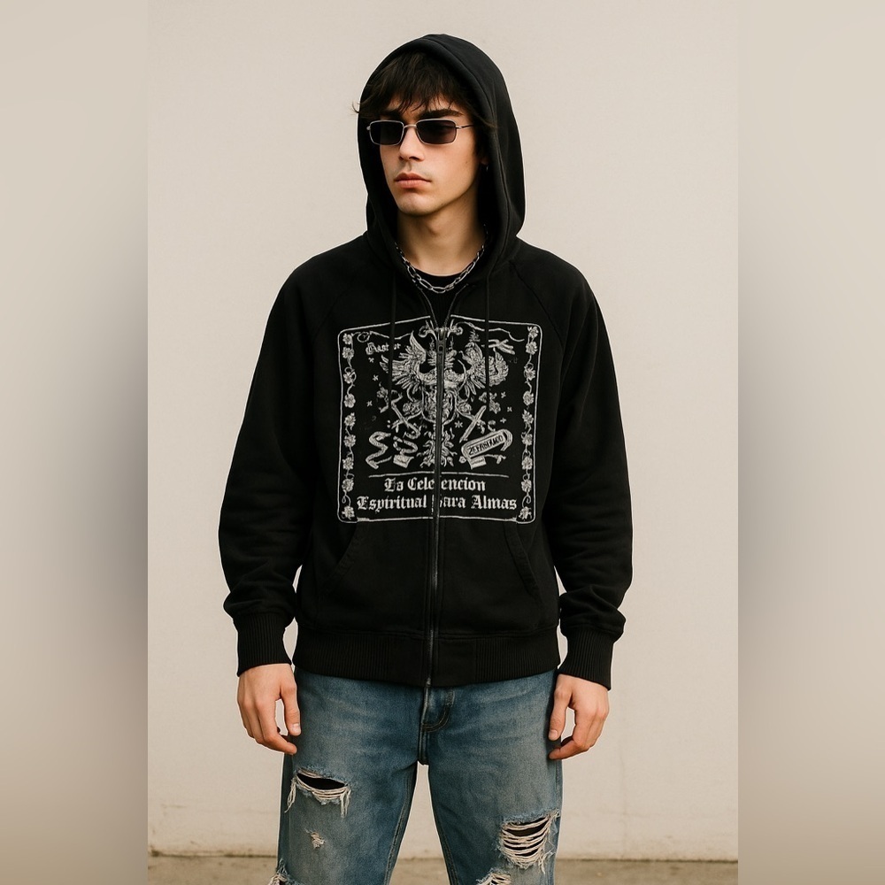 725 Originals Black Zip Hoodie Skull Crest Graphic Streetwear 90s Y2K Size XL
